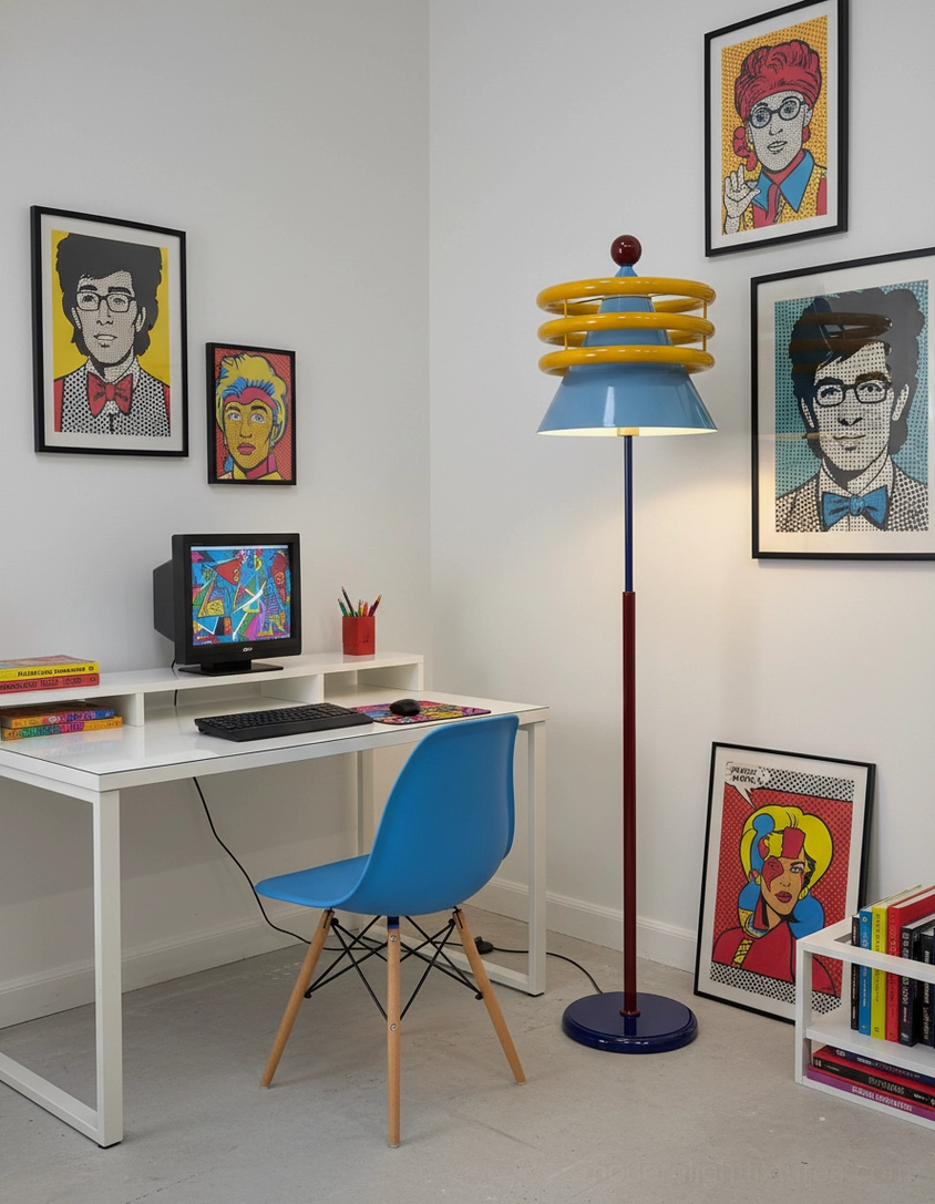 Red and yellow ringed modern floor lamp in creative office area surrounded by pop art wall paintings