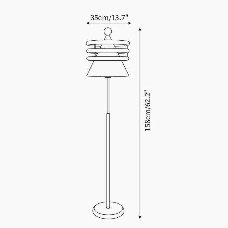 Keane floor lamp technical line drawing showing dimensions 35cm width and 158cm height orthographic view