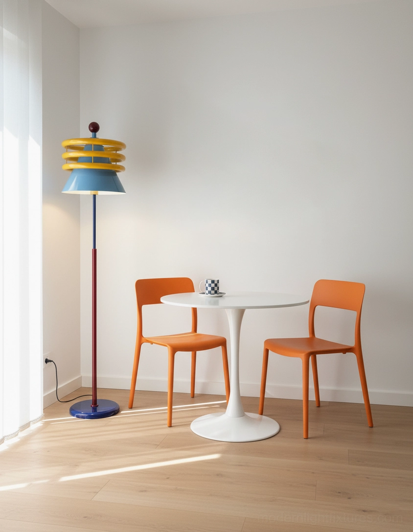 Blue conical floor lamp with yellow rings in minimalist dining nook beside white round table and orange chairs