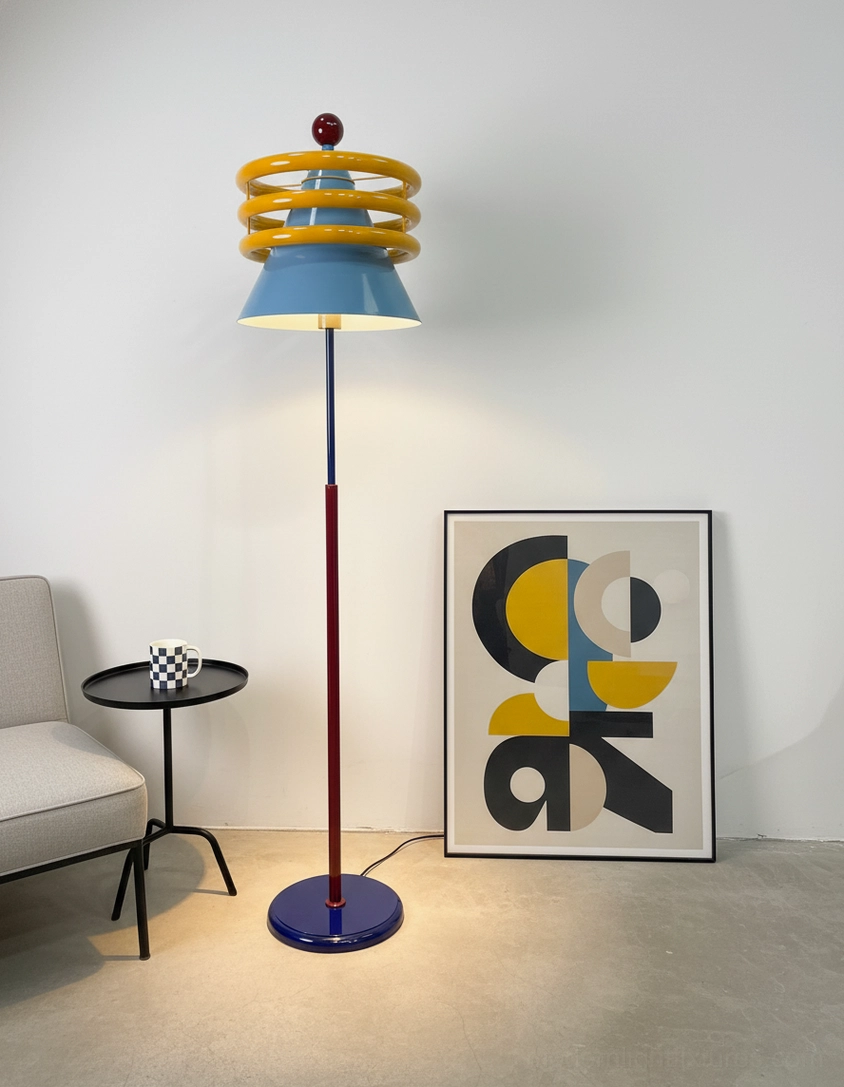 Postmodern floor lamp with bold primary colors and artistic cone shade in contemporary interior setting