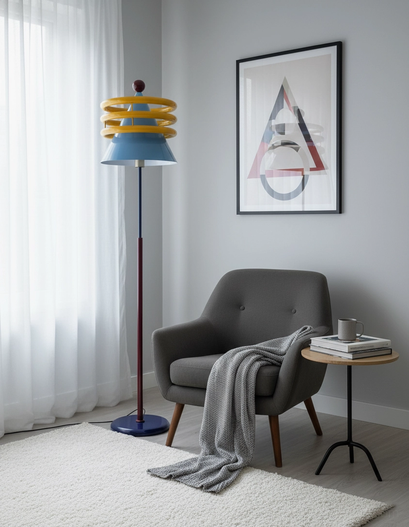 Modern statement floor lamp with blue cone and yellow rings as focal point in eclectic living space