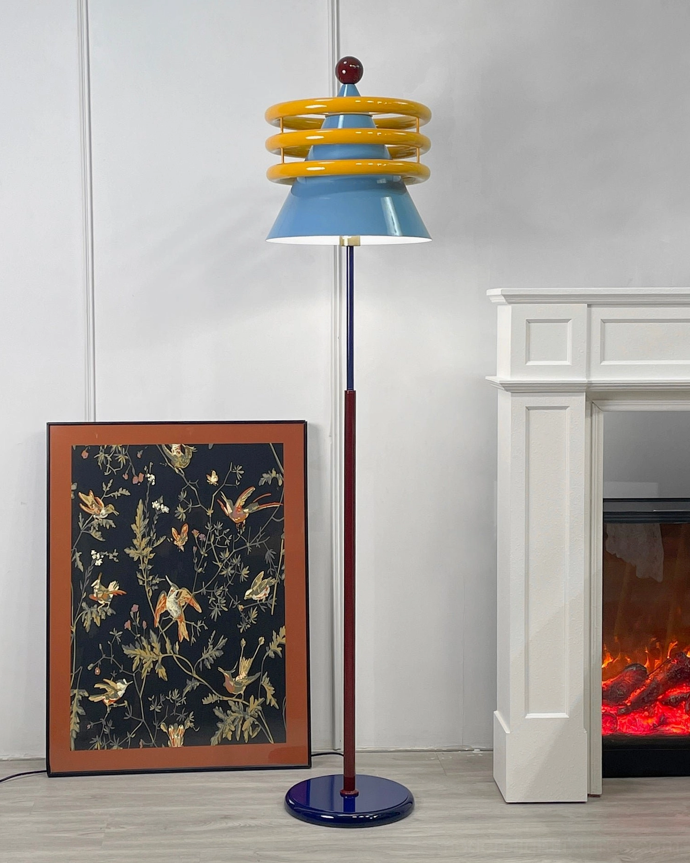 Yellow and blue modern floor lamp showcasing contemporary design philosophy and artistic expression