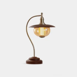 Keeper curved vintage table lamp with walnut wood base and amber glass shade, industrial retro design three-quarter view