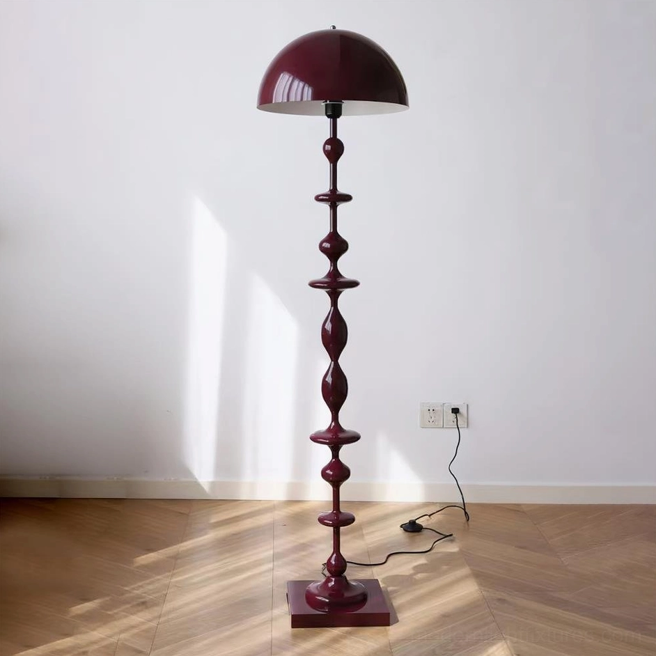 Wine red Keira floor lamp with stacked bulbous dome shade and square wooden base in natural sunlit room interior
