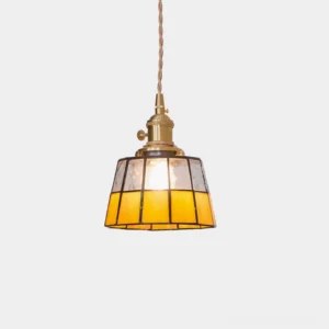 Keito handcrafted stained glass pendant light with brass frame and grid-patterned glass shade