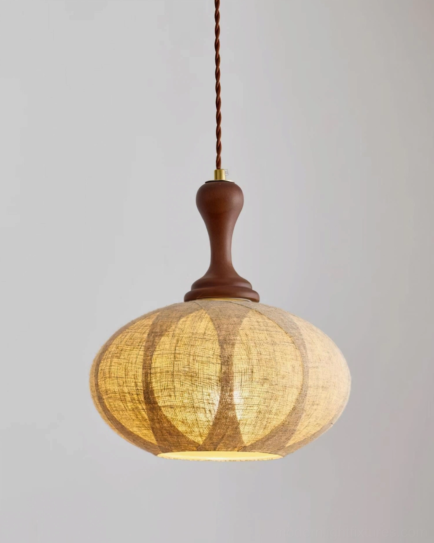 Kenso walnut wood pendant light with segmented fabric shade and brown cord detail shot