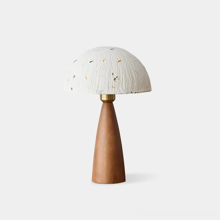Kent mushroom table lamp with cream rice paper dome shade and natural wood base on white background