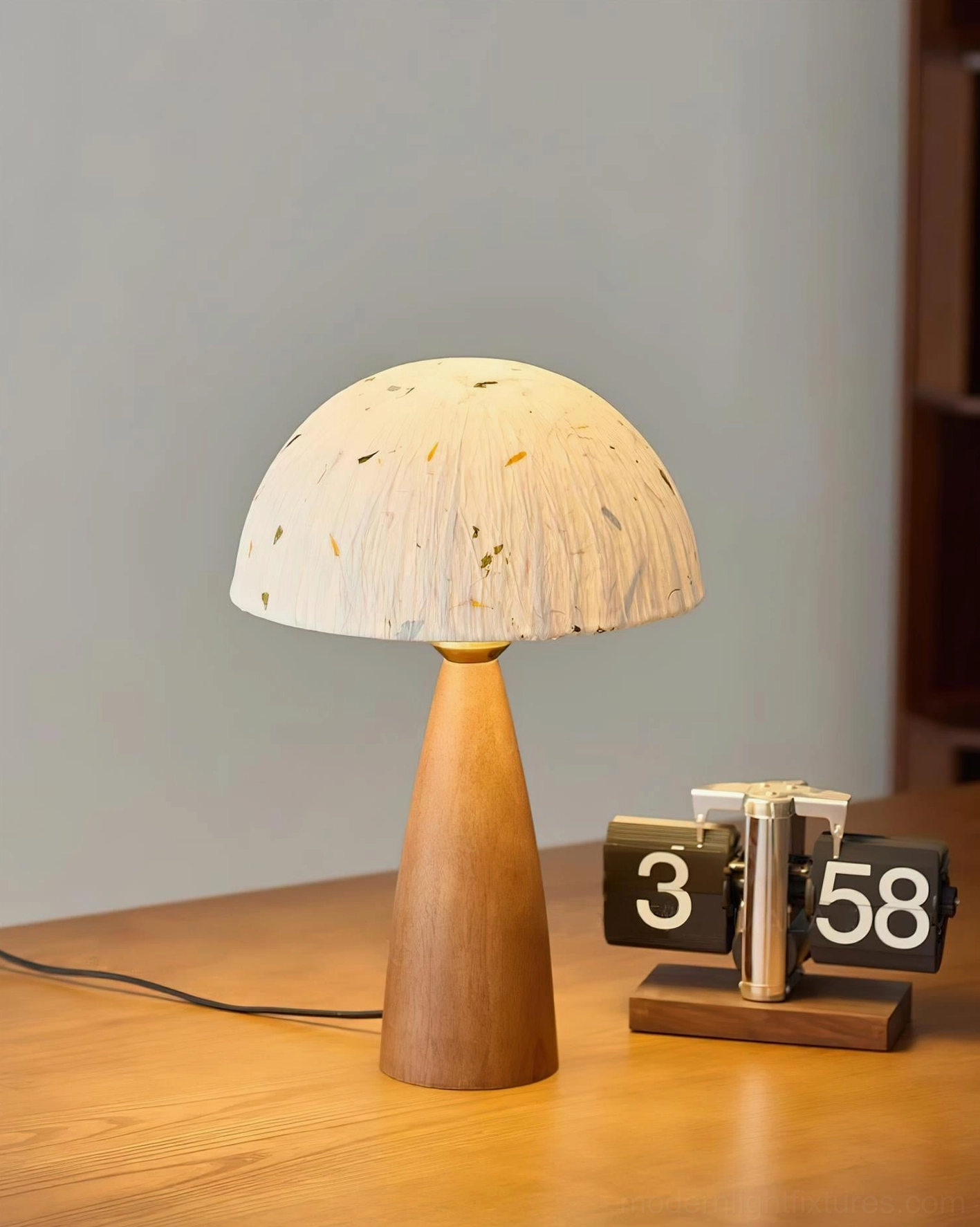 Illuminated Kent table lamp warm brown wood base with flip desk clock warm glow ambient lighting