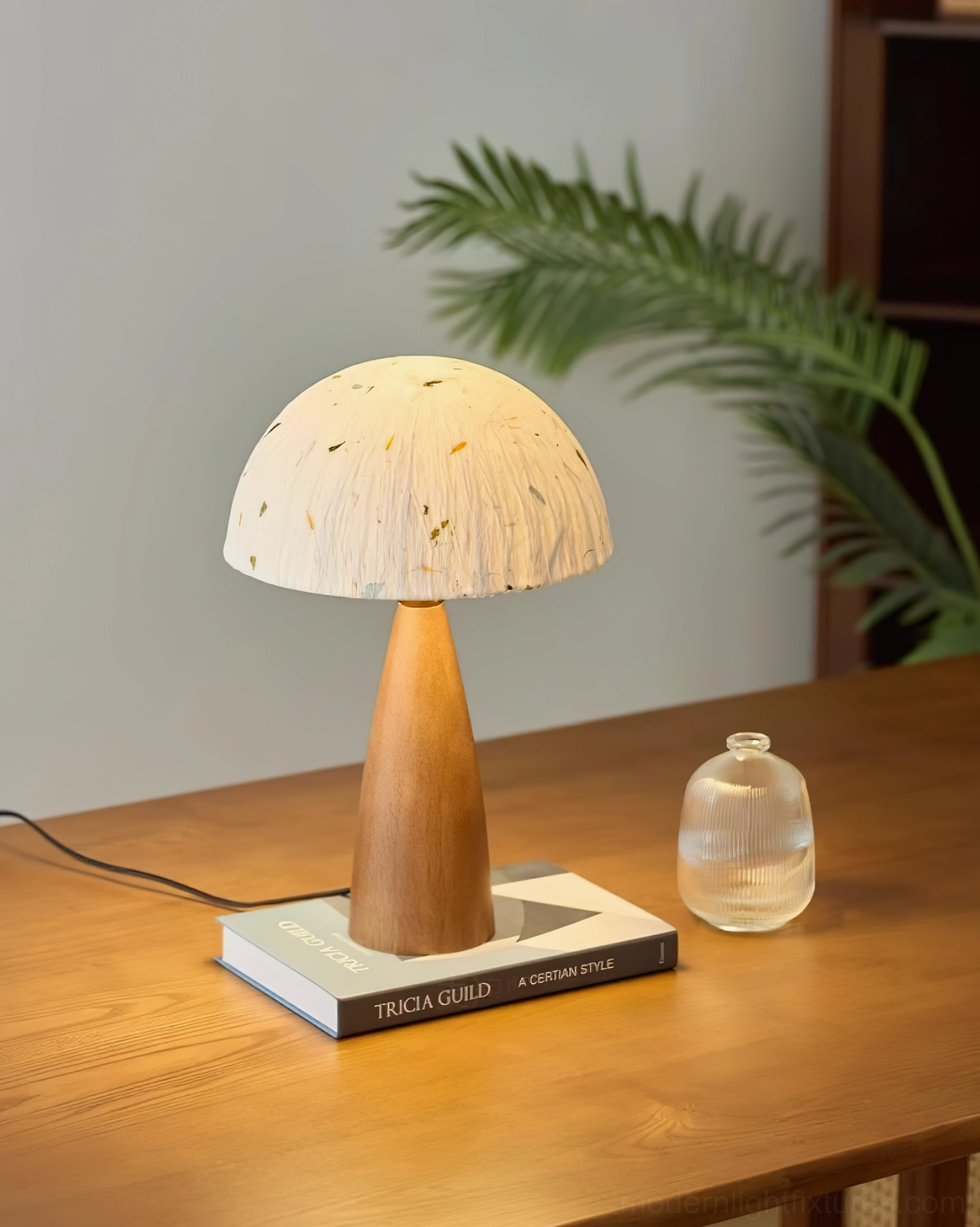 Kent wood table lamp light finish on wooden desk with glass decor and indoor plant japandi style