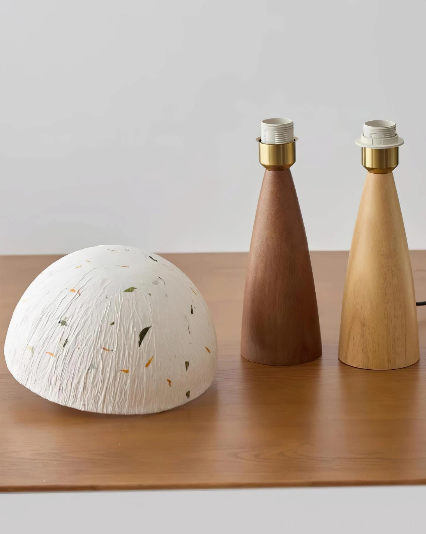 Kent table lamp components disassembled showing rice paper dome shade wood bases and brass socket hardware