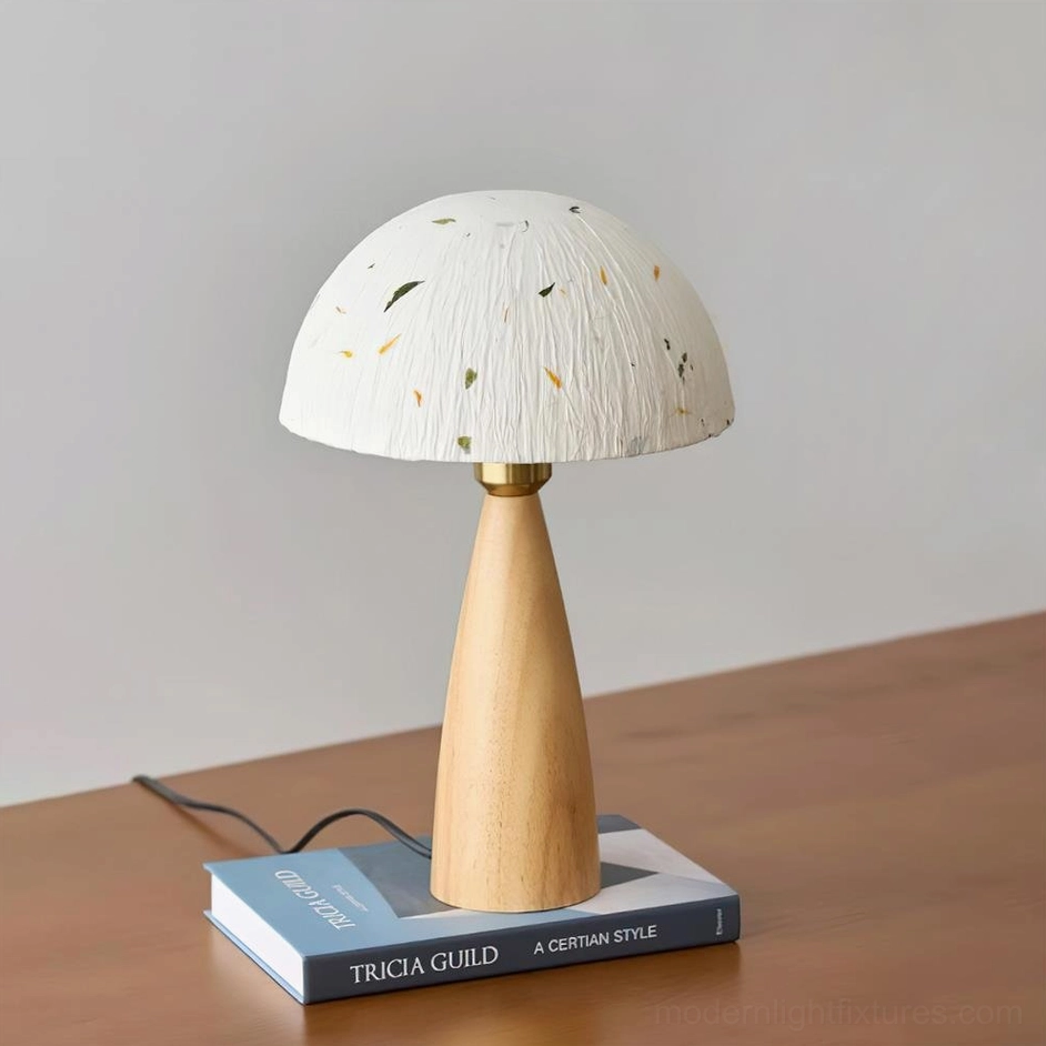 Kent wood table lamp light tan base positioned on stacked books modern japandi desk setup