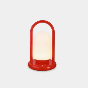 Kero portable LED table lamp with cherry red metal frame and frosted white dome shade - front view