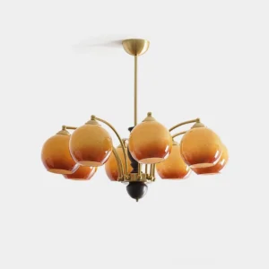 Keston 8-light mid-century modern chandelier with gradient amber glass shades and brass frame, studio front view
