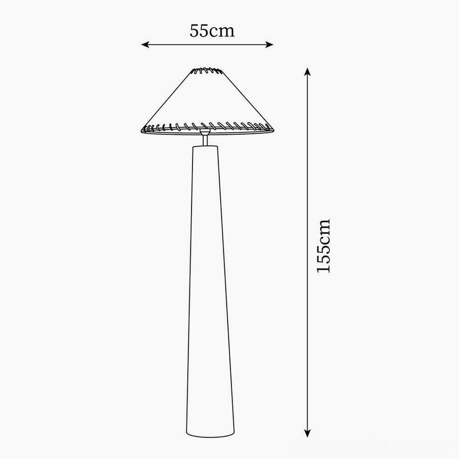 Kibo wood floor lamp technical specifications and dimensions illustration, 155cm height and 55cm shade diameter