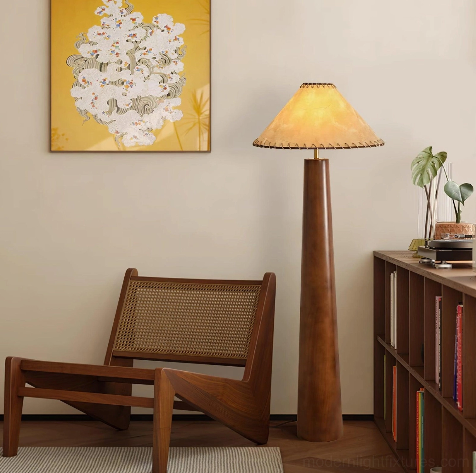 Kibo handcrafted wooden floor lamp with artisanal jute weave shade, walnut and linen color palette
