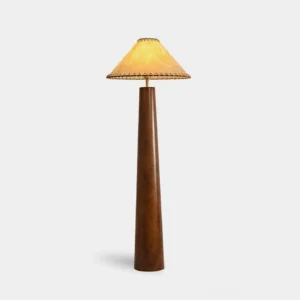 Kibo wood floor lamp with hand-knotted jute shade in walnut and linen, front studio view with detailed stitch trim