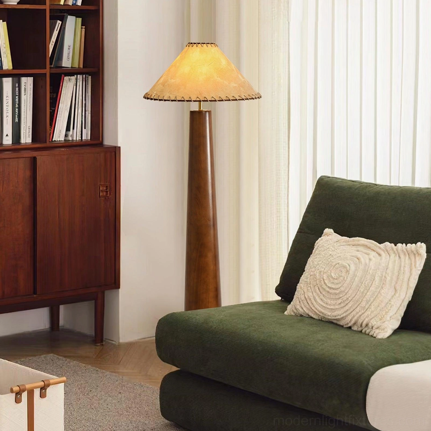 Kibo wooden floor lamp with walnut finish and natural linen jute shade, complete product presentation