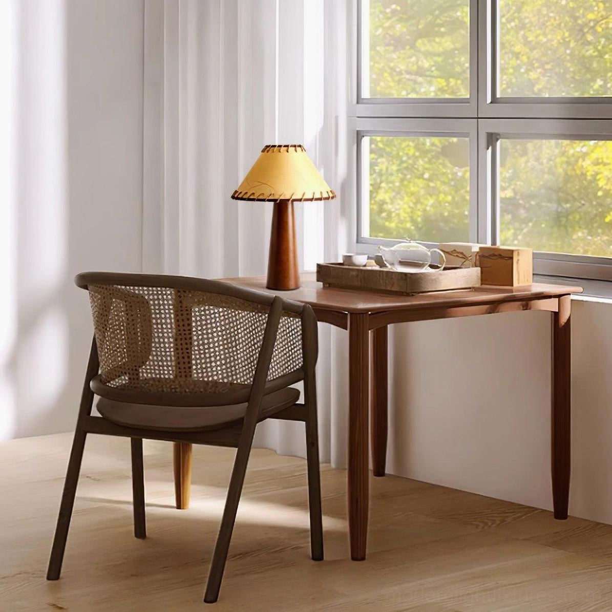 Kibo wood base lamp creating warm ambiance on bedroom nightstand with mid-century modern furnishings