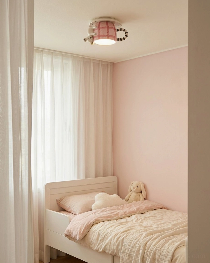 Small kids bedroom with ceramic mug ceiling lamp, sheer curtains and warm pink walls