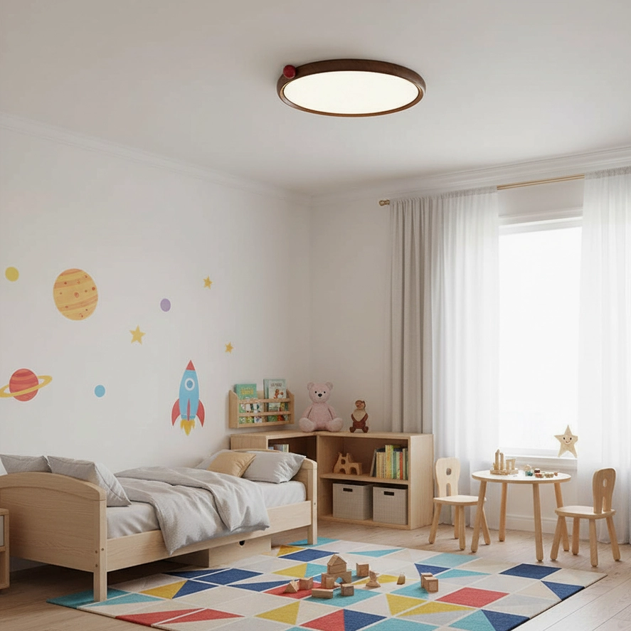 Modern LED ceiling light with walnut wood finish installed in contemporary kids bedroom overhead view