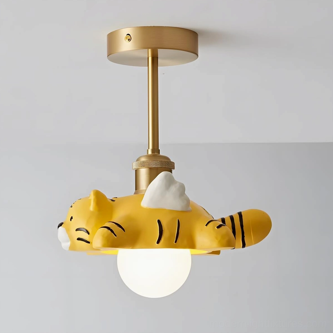 Kids ceiling lamp with animal figure and wings mounted on frosted glass, showing fixture installation and lighting quality