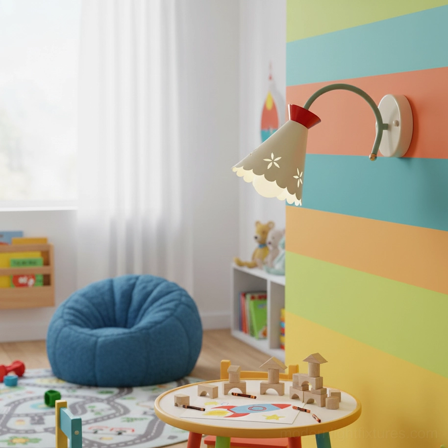 Vintage pastel wall lamp in playful children's room with colorful accent wall