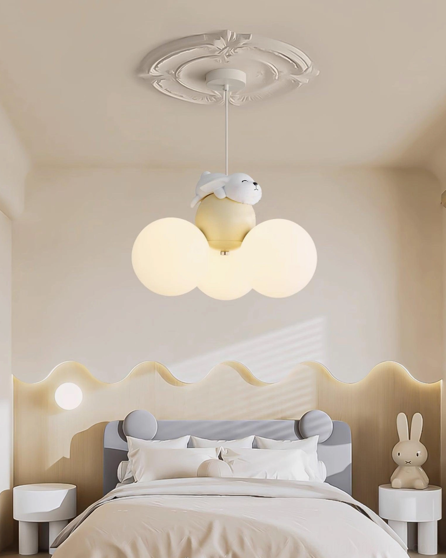 Kids room pendant light with cute animal character and frosted glass orbs