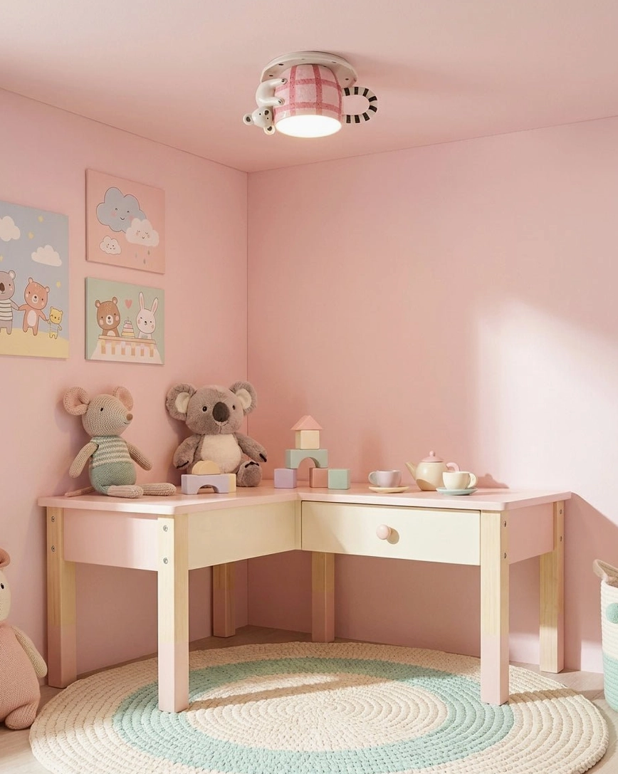 Girls study playroom with ceramic mug ceiling lamp and cartoon wall art decor