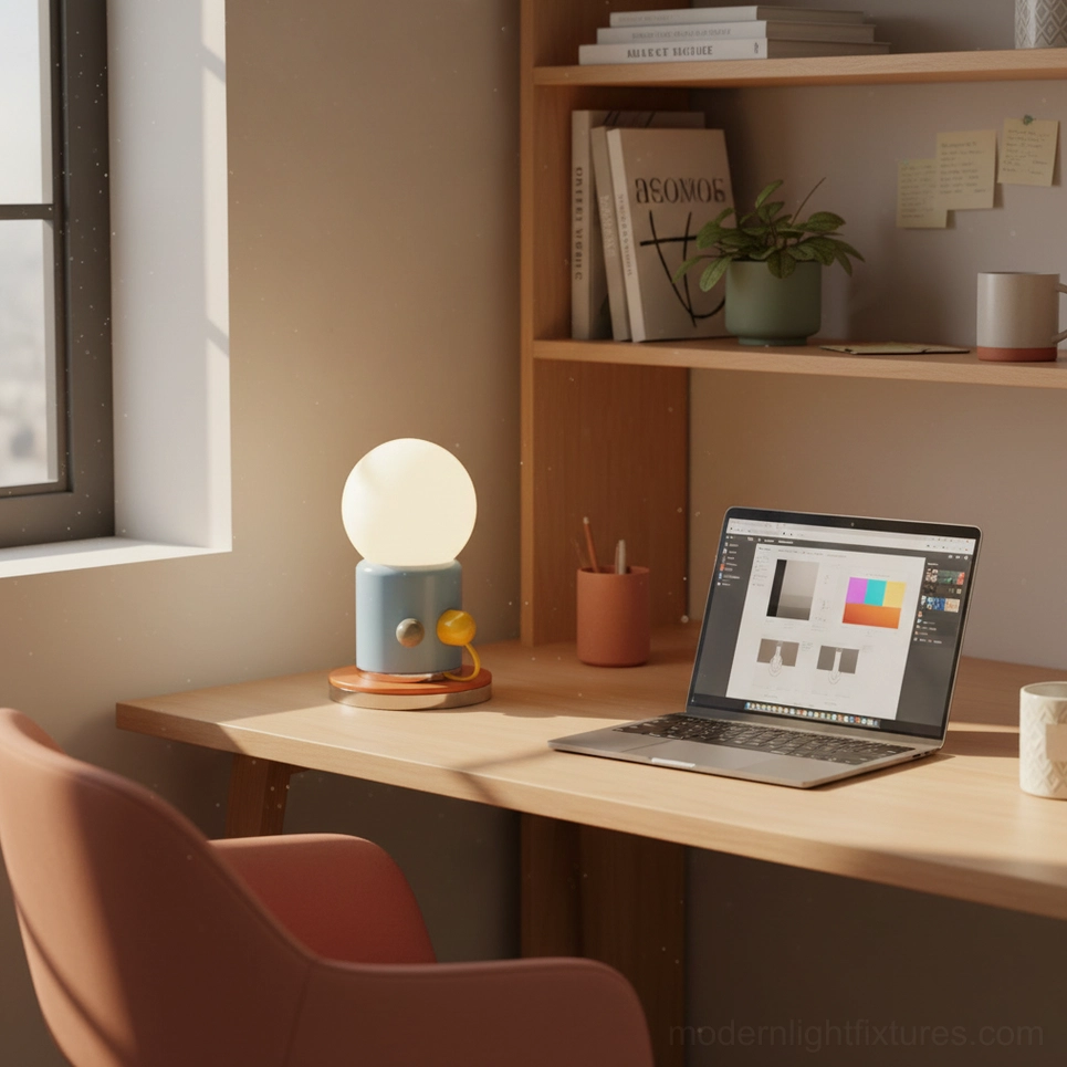 Kiely modern compact lamp with blue ceramic base glowing on wooden desk office setup