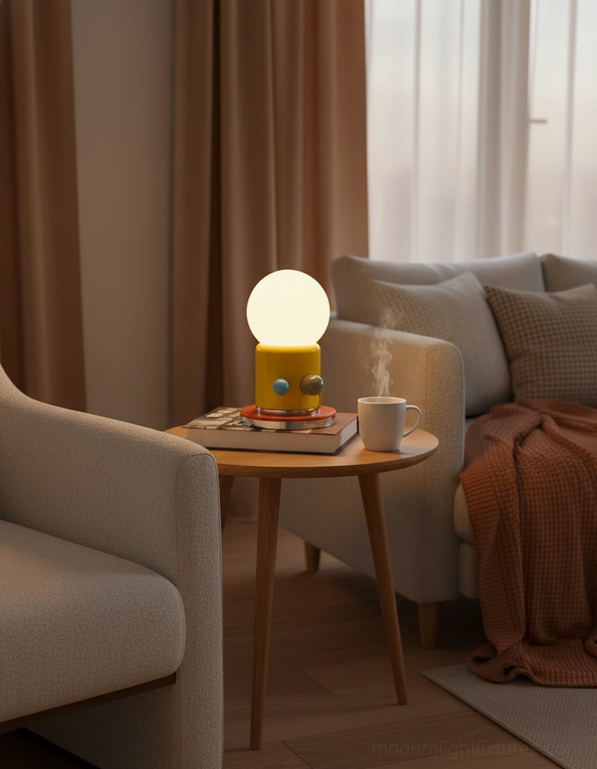 Kiely table lamp with geometric design yellow base and frosted globe shade detail