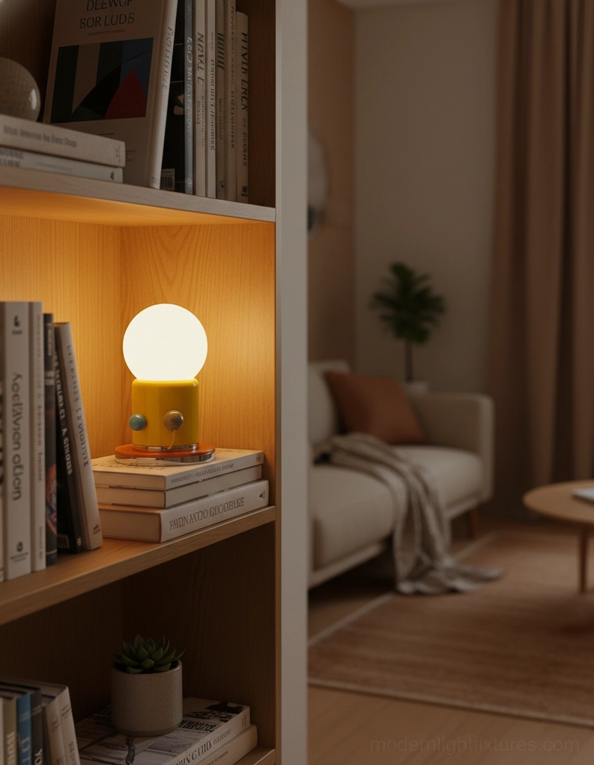 Kiely rechargeable touch table lamp with yellow base illuminated on stacked books shelf