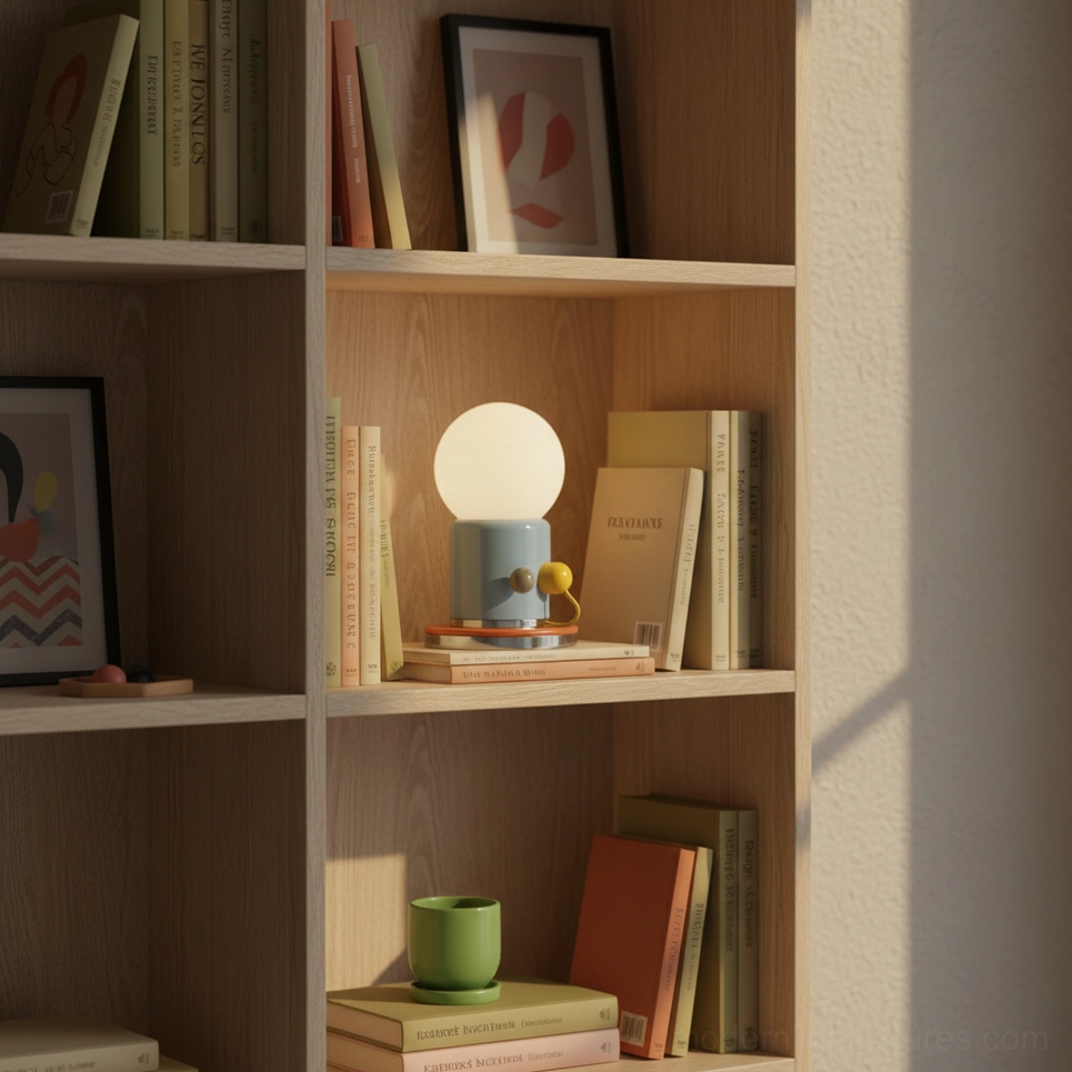 Light blue Kiely ceramic base table lamp with frosted shade on bookshelf decor
