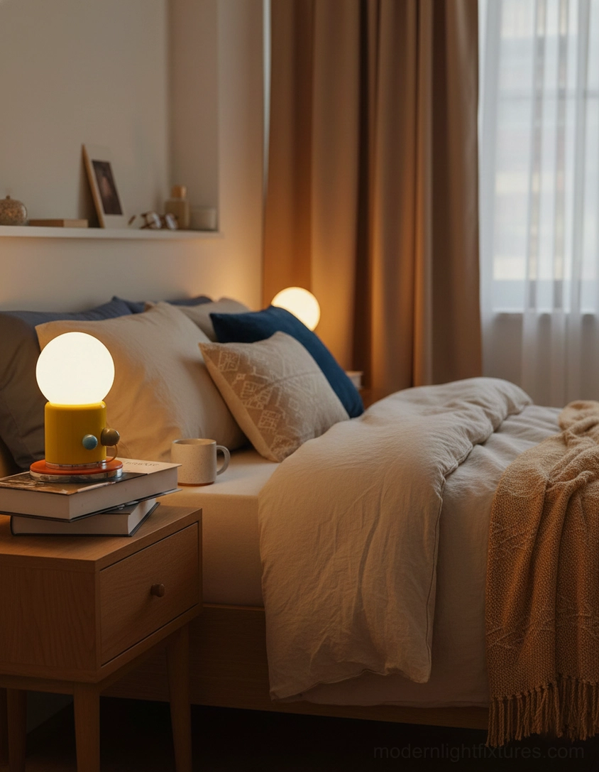 Kiely minimalist touch-activated table lamp with yellow base on bedside nightstand