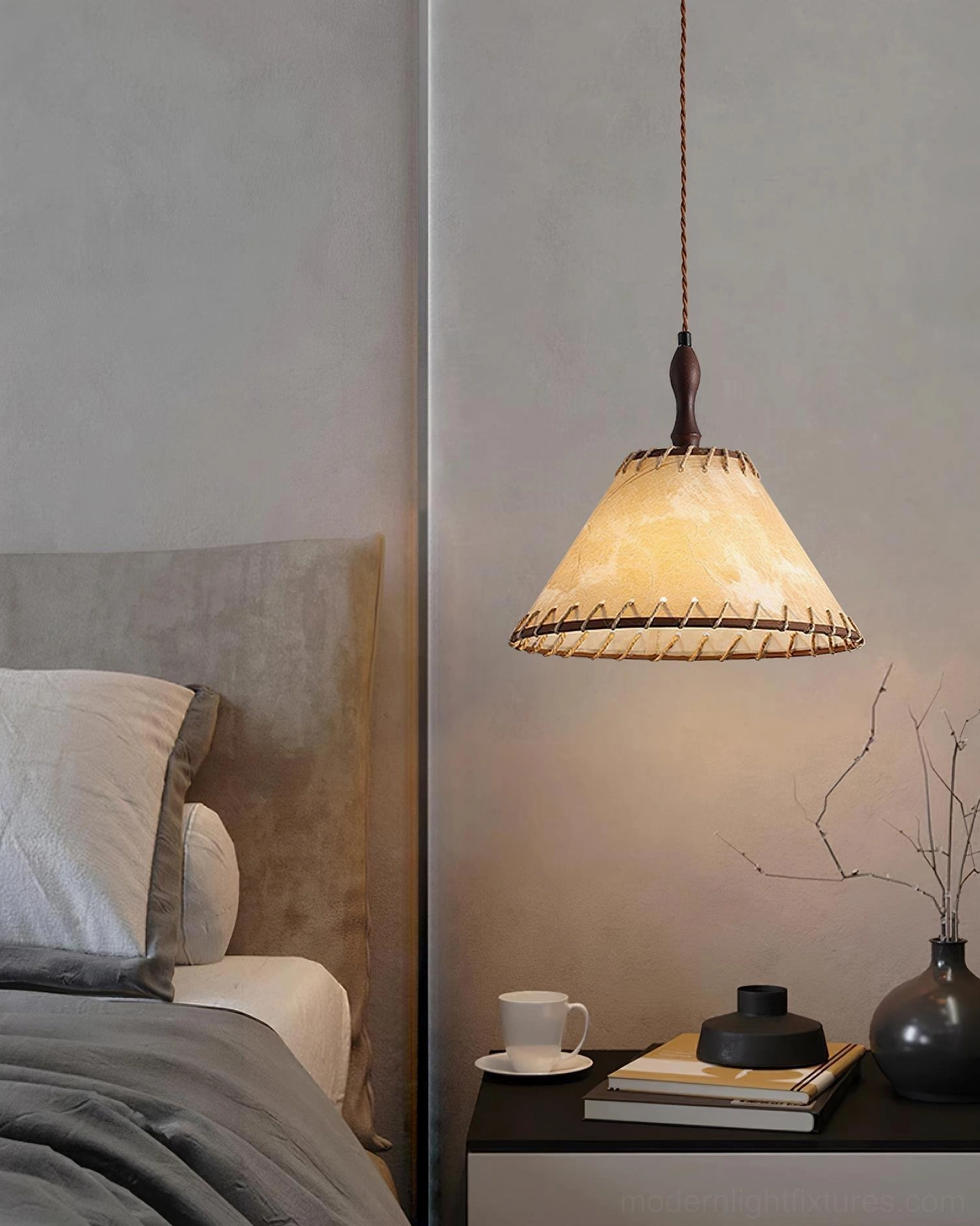 Kiko linen pendant lamp creating cozy bedroom atmosphere above nightstand with bed decor