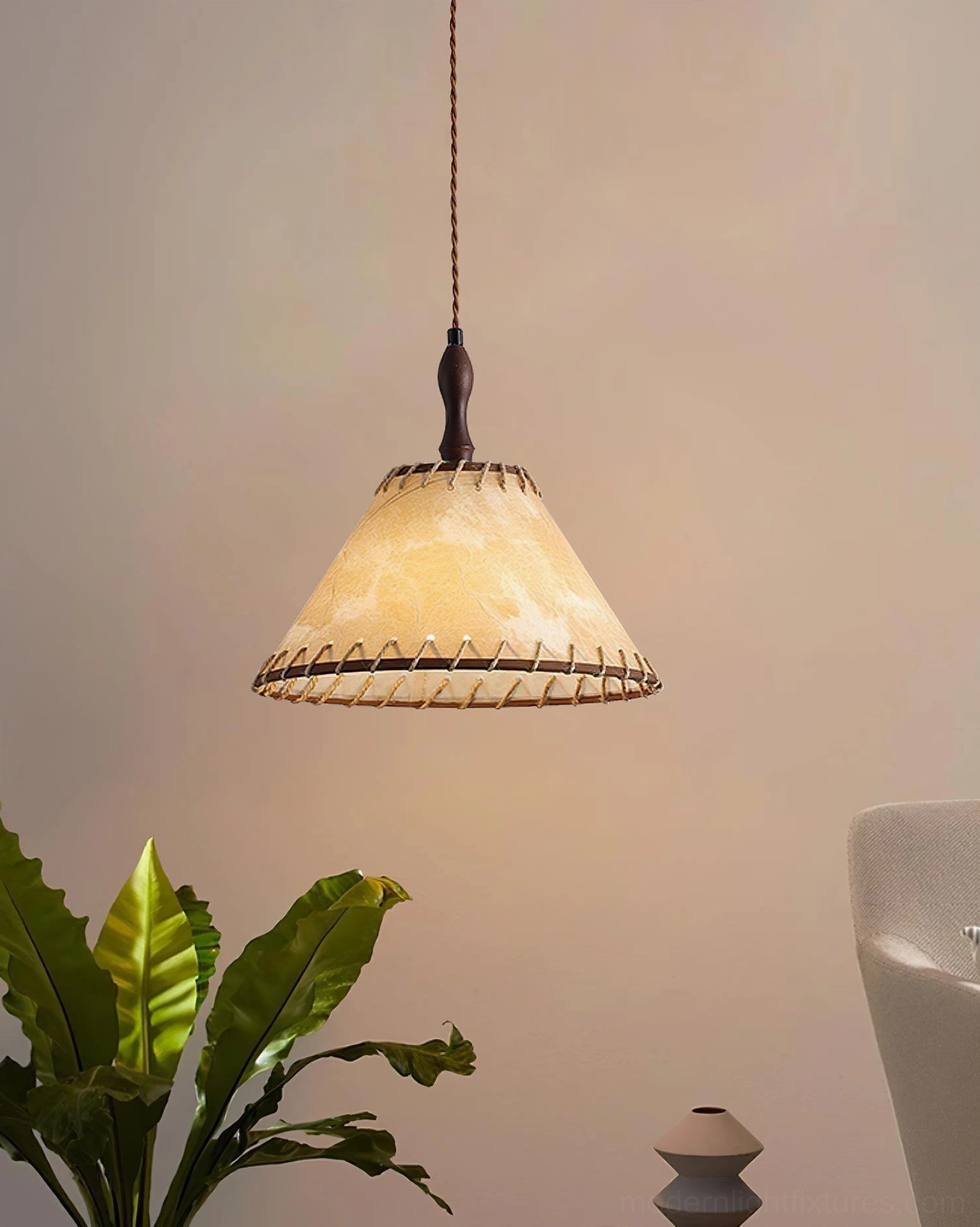 Kiko linen fabric pendant light in minimalist boho interior corner with foliage accent