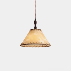 Kiko linen fabric pendant light with conical shade and walnut wood frame, front studio view