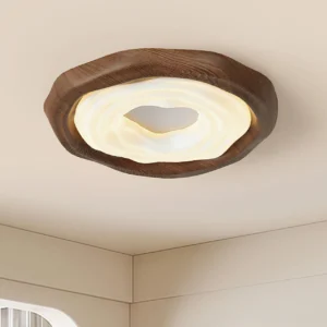 Close-up overhead shot of Kiko ceiling light showing rippled milky diffuser panel and dark wood trim detail