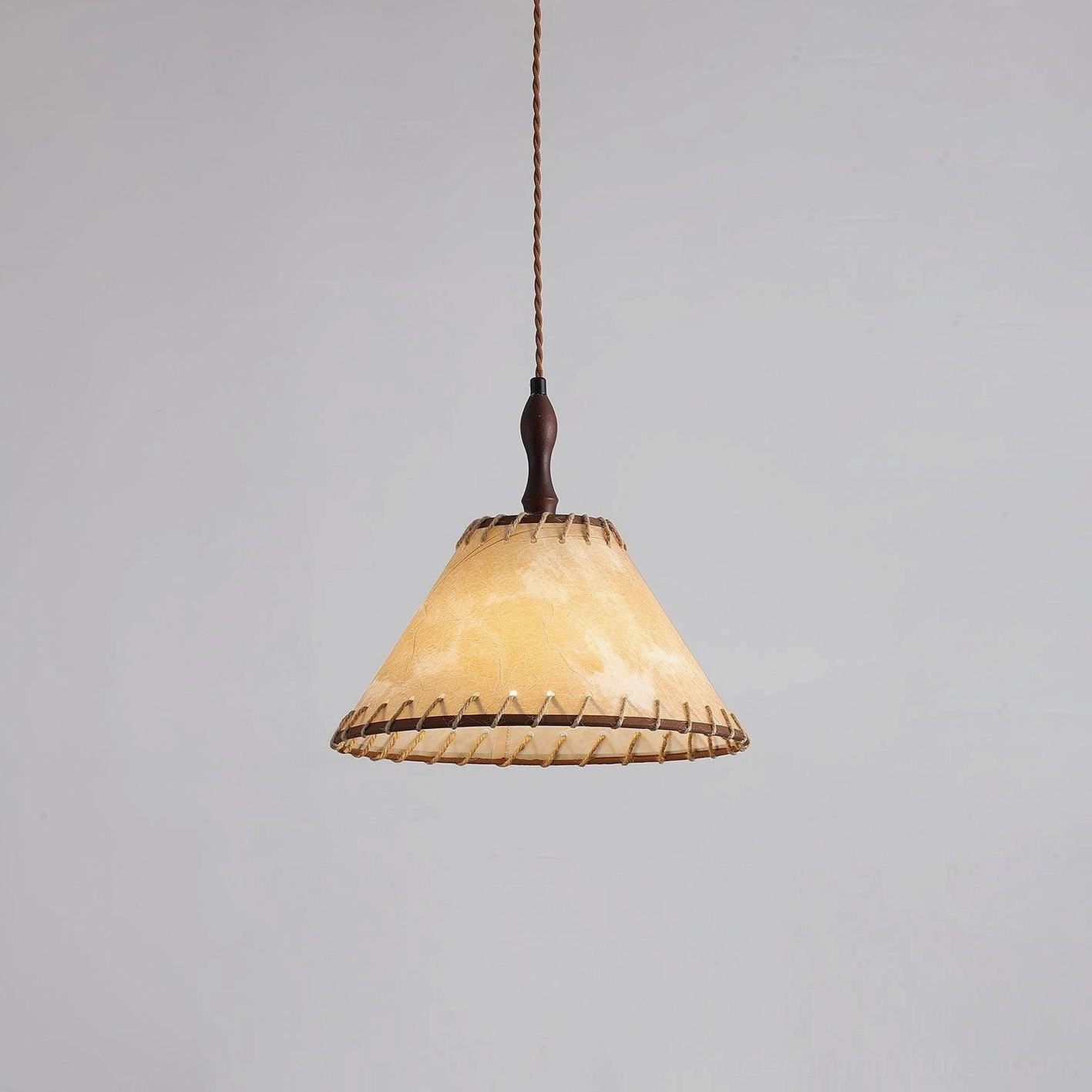 Kiko fabric pendant light side view showing walnut wood frame and natural linen construction