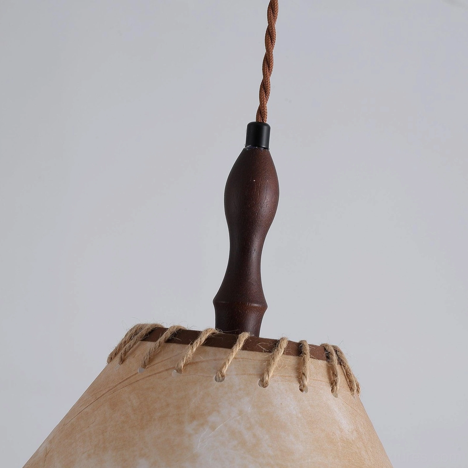Kiko wabi-sabi inspired linen pendant light with solid wood fixture in minimal aesthetic