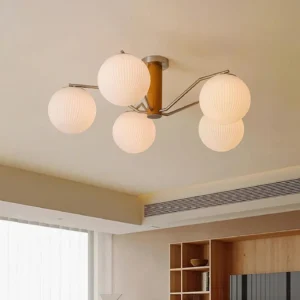 Kina semi-flush mount ceiling light installed in contemporary living room with japandi interior design and wooden shelf