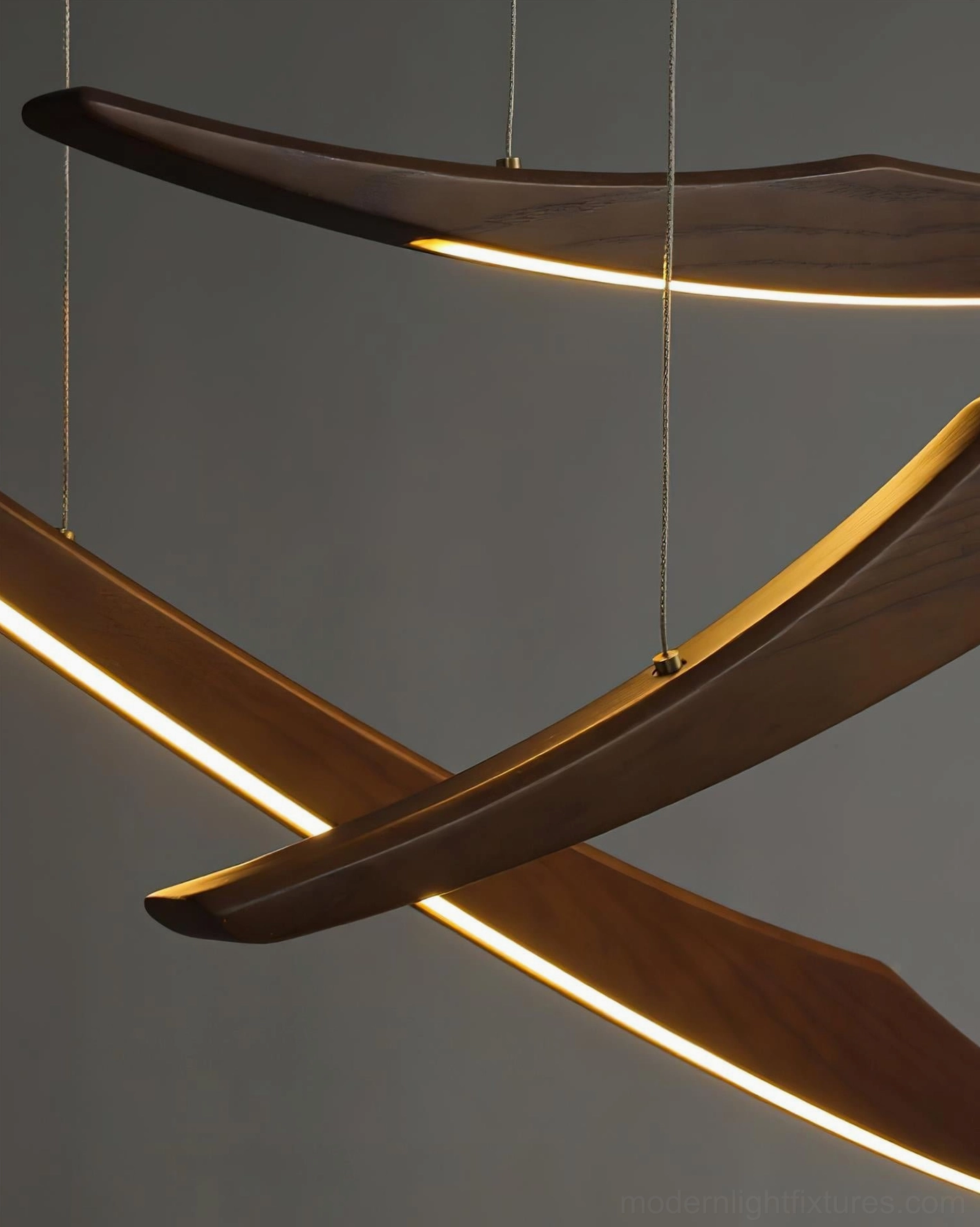 Arc pendant chandelier showcase displaying multiple wood finish color options available
