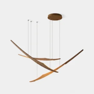 Kinetic Arc chandelier front view with curved wooden arcs and integrated LED lighting on white background