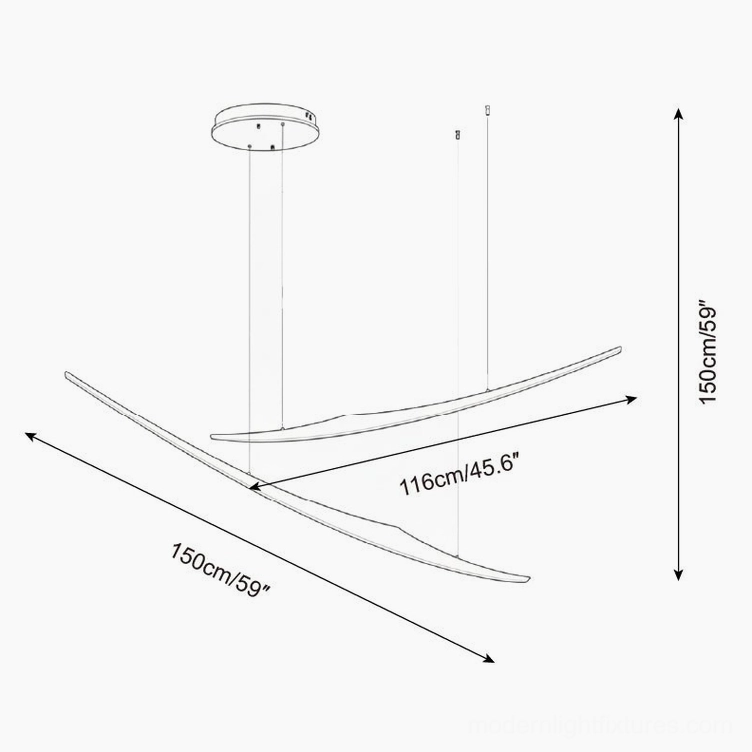 Kinetic arc chandelier technical schematic with dimension measurements 116cm 150cm