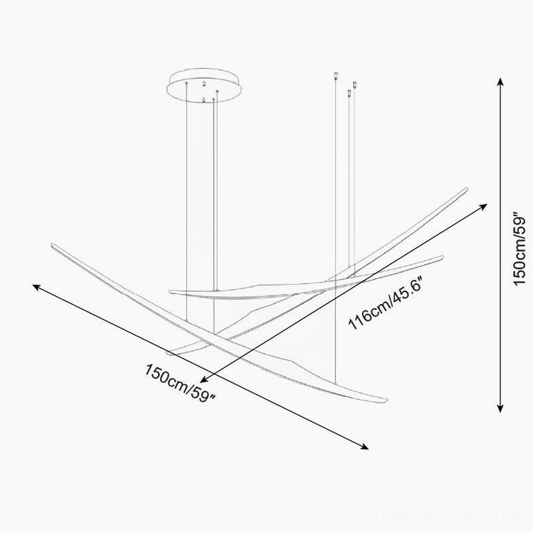 Kinetic arc chandelier orthographic line drawing showing alternative dimension layout