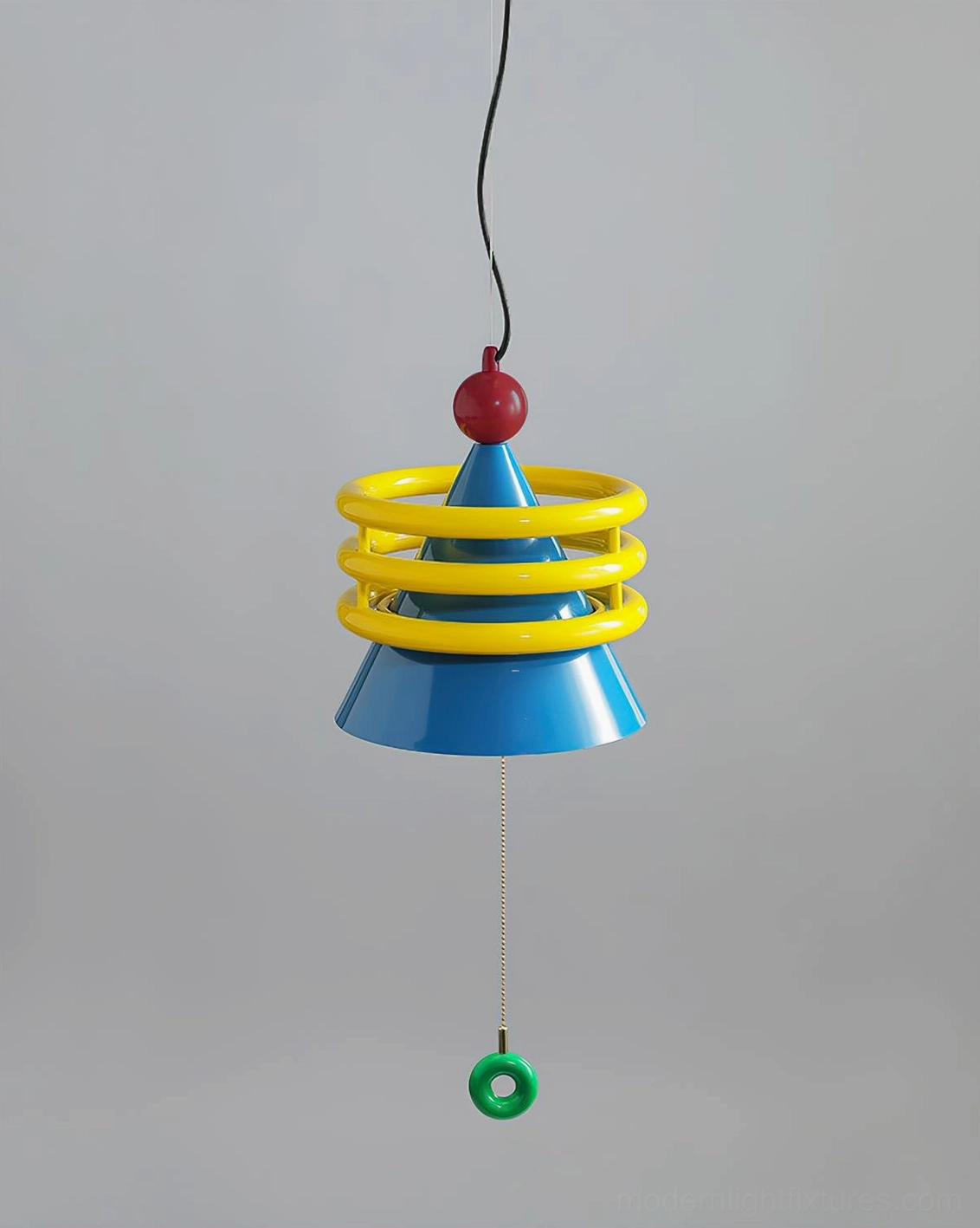Kinetica geometric pendant light detailed view showing primary color blocking, metal construction, and bold contemporary design