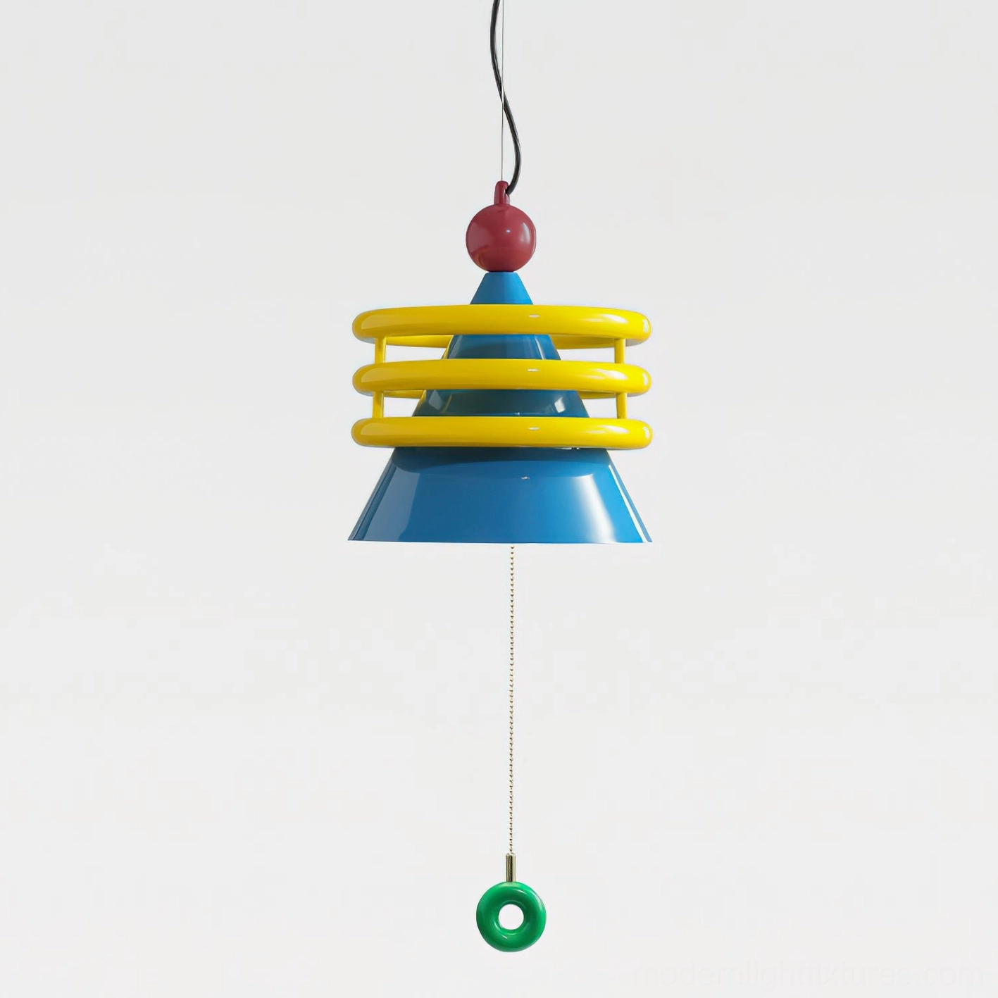 Kinetica pendant lamp rear view showing red finial top, blue conical shade, yellow coil accents, and hanging green ring pull - studio photography
