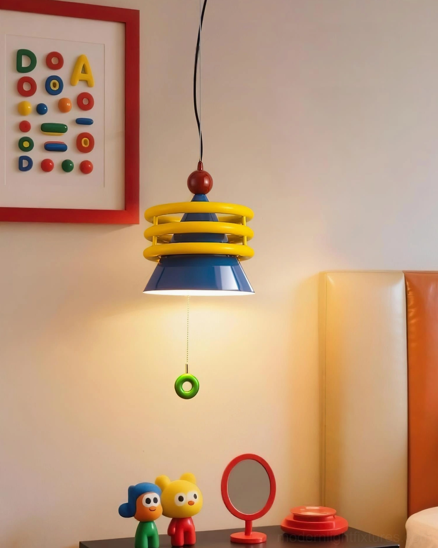 Kinetica modern pendant light installed in kids bedroom beside furniture with cartoon figurines and alphabet wall art - playful room setting