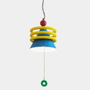 Kinetica colorful geometric pendant light with bold primary colors, blue cone shade, yellow tiered rings, and green ring pull switch - front overhead view