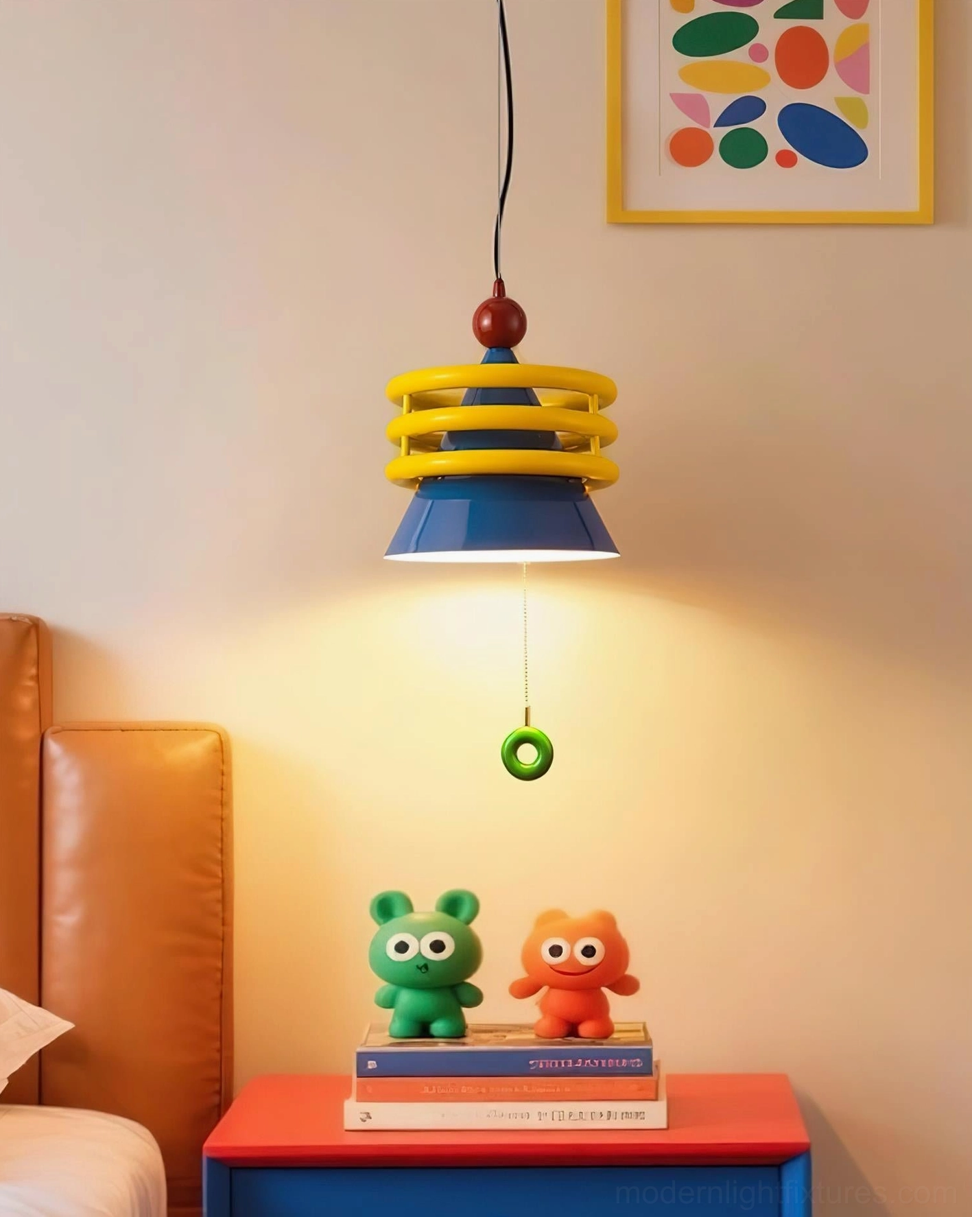 Kinetica modern pendant light by bedside with warm ambient glow, cartoon figurines, and abstract wall art - bedroom mood lighting