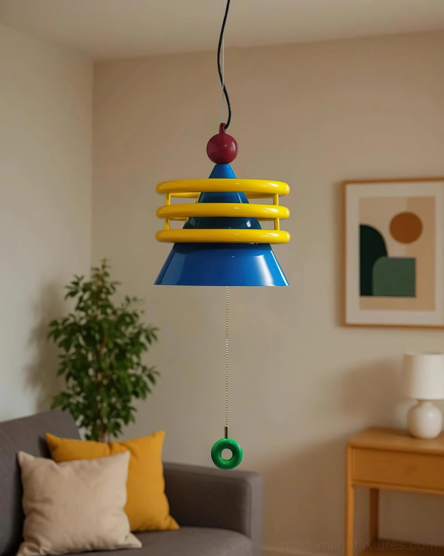 Kinetica colorful pendant lamp in living room above sofa and side table - contemporary lounge lighting fixture